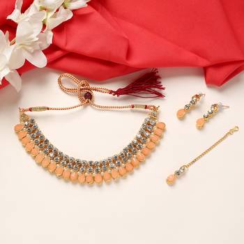 Classy Choker Style Ad Peach Stone Necklace Set With Matching Earrings For Women 1