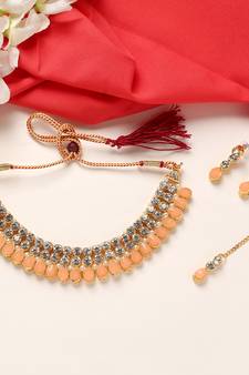 Classy Choker Style Ad Peach Stone Necklace Set With Matching Earrings For Women