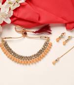 Classy Choker Style Ad Peach Stone Necklace Set With Matching Earrings For Women