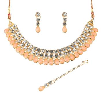 Classy Choker Style Ad Peach Stone Necklace Set With Matching Earrings For Women 2