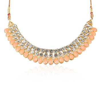 Classy Choker Style Ad Peach Stone Necklace Set With Matching Earrings For Women 3