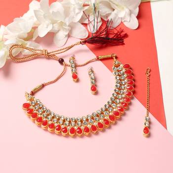 Classy Choker Style Ad Red Stone Necklace Set With Matching Earrings For Women 1