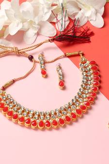 Classy Choker Style Ad Red Stone Necklace Set With Matching Earrings For Women