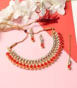 Classy Choker Style Ad Red Stone Necklace Set With Matching Earrings For Women