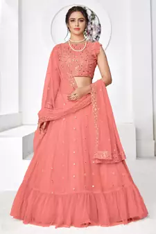Peach Thread with Sequins embroidered net semi stitched wedding lehenga