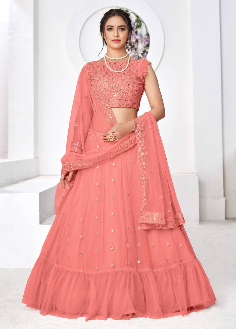 Peach Thread with Sequins embroidered net semi stitched wedding lehenga