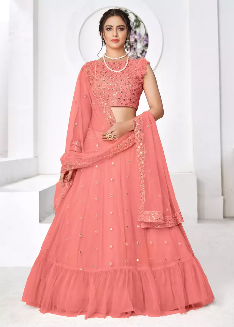 Peach Thread with Sequins embroidered net semi stitched wedding lehenga