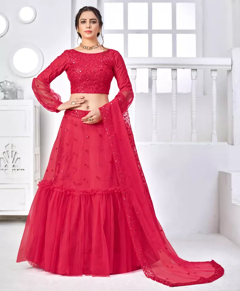 Rani pink Thread with Sequins embroidered net semi stitched party lehenga