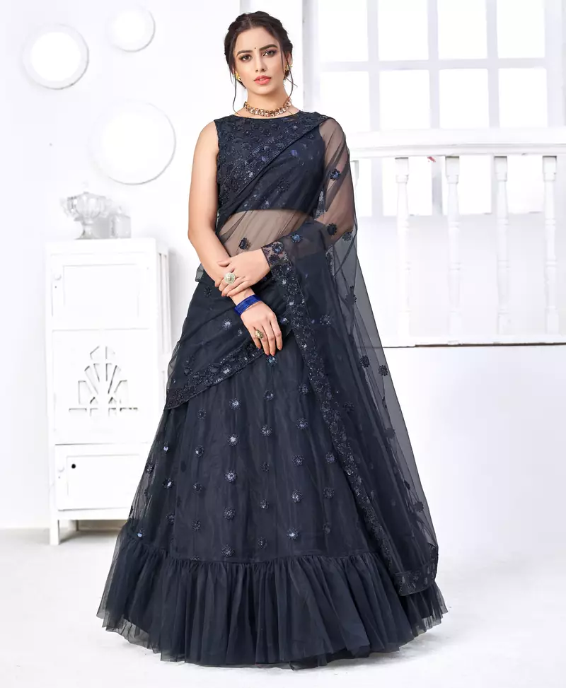 Navy-blue Thread with Sequins embroidered net semi stitched wedding lehenga