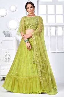 Fluorescent green Thread with Sequins embroidered net semi stitched party lehenga