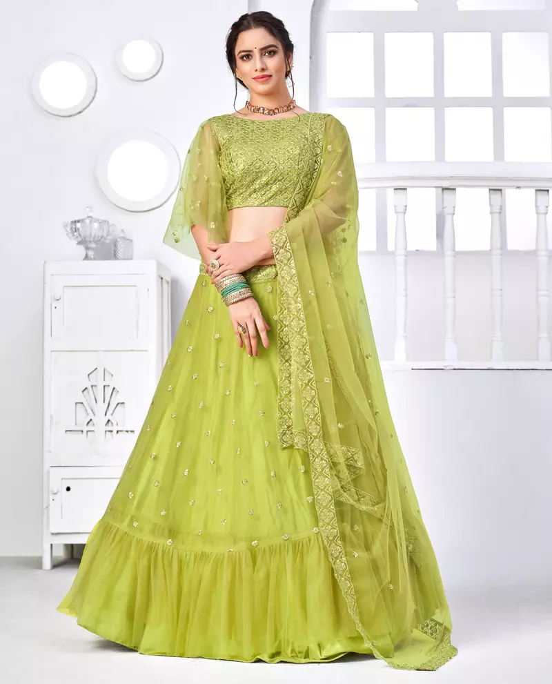 Fluorescent green Thread with Sequins embroidered net semi stitched party lehenga