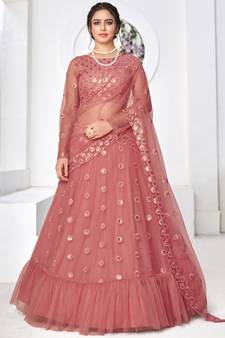 Dusty Pink Thread with Sequins embroidered net semi stitched wedding lehenga