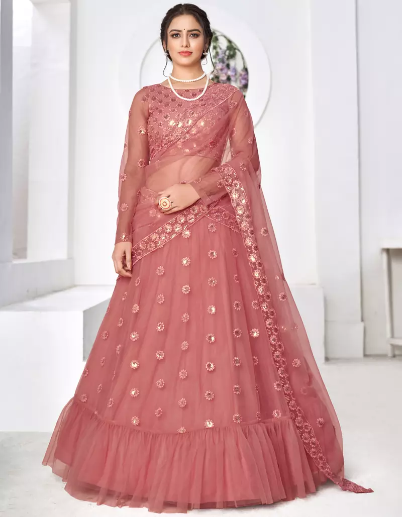 Dusty Pink Thread with Sequins embroidered net semi stitched wedding lehenga