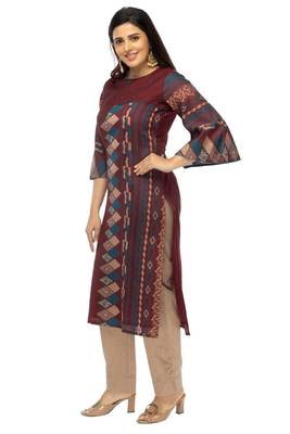 Dark-maroon hand woven viscose multicolor-kurtis 3