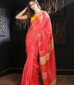 Pink hand woven blended cotton saree with blouse