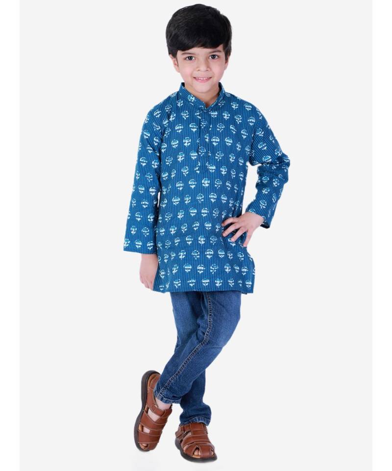 Block Print Cotton Kurta for Boys  Blue