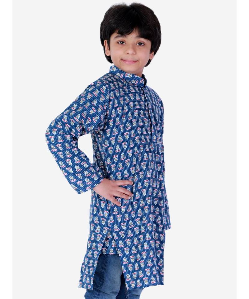 Block Print Cotton Kurta for Boys  Navy Blue