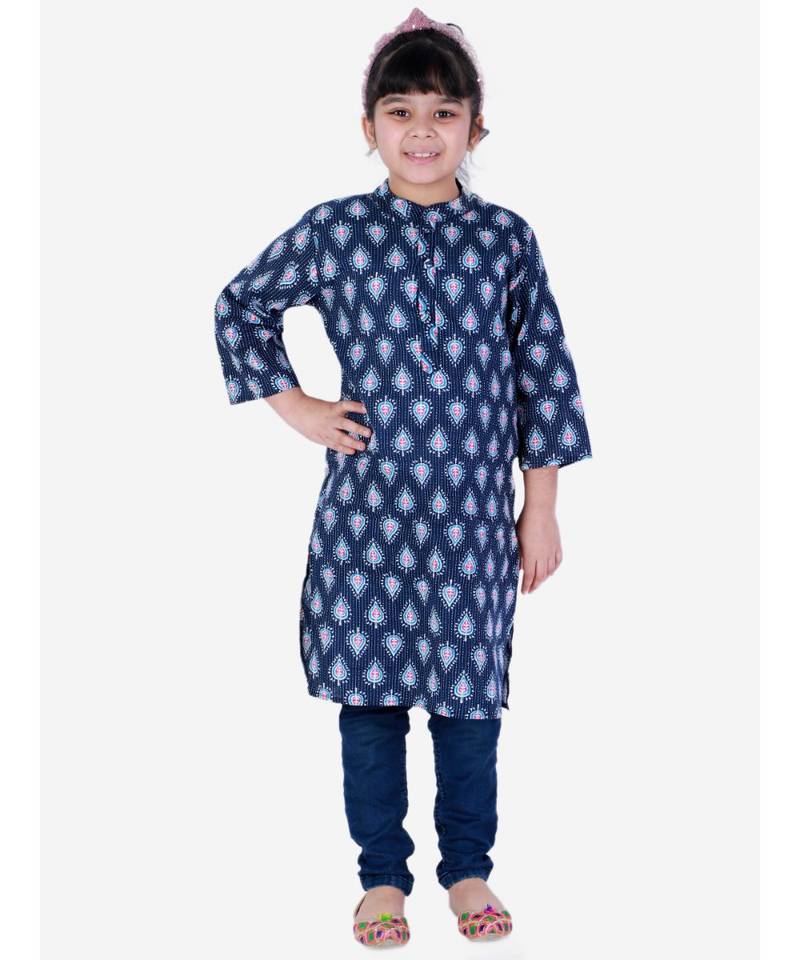 Block Print Cotton Kurta for Girls  Blue