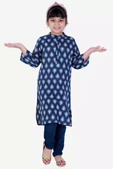 Block Print Cotton Kurta for Girls  Blue