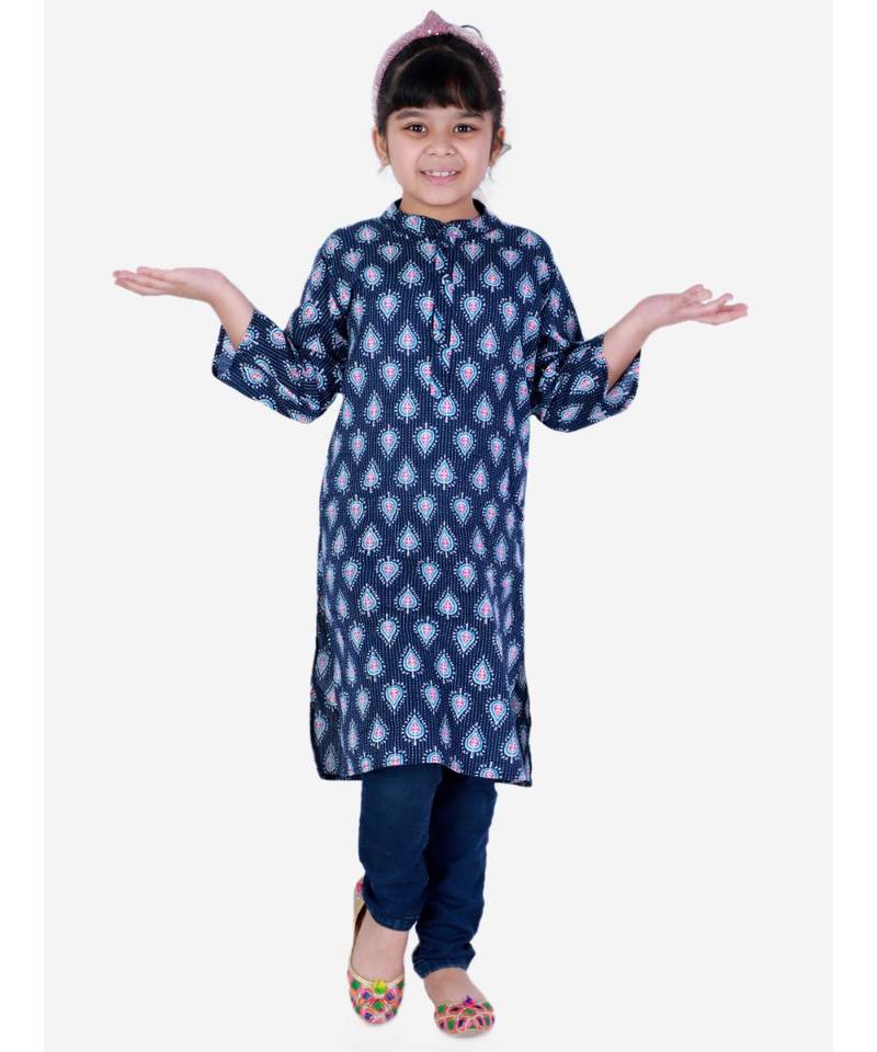 Block Print Cotton Kurta for Girls  Blue