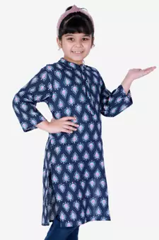 Block Print Cotton Kurta for Girls  Blue