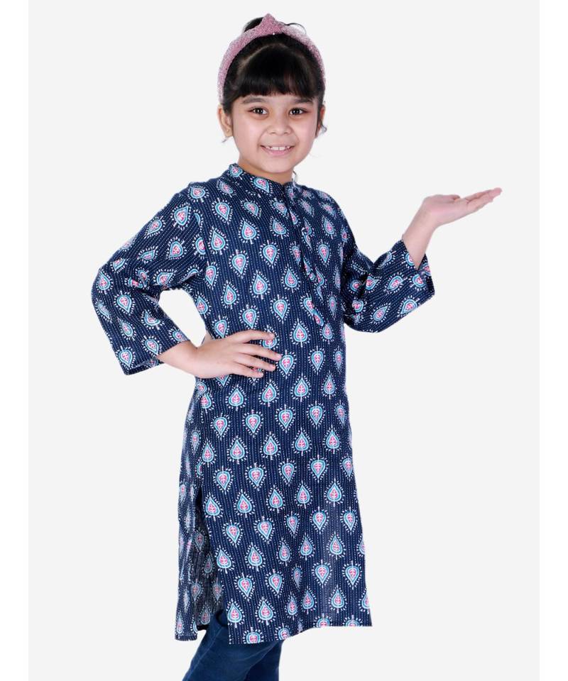 Block Print Cotton Kurta for Girls  Blue