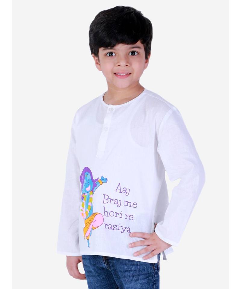 Cotton Holi Full Sleeve Kurta   White