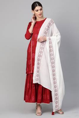 Indo Era Printed Straight Kurta with Sharara Dupatta Set 1