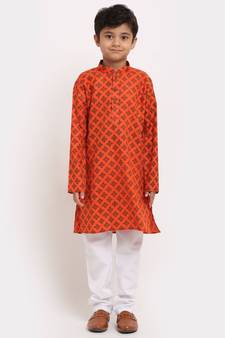 Boys Orange Printed Cotton Kurta
