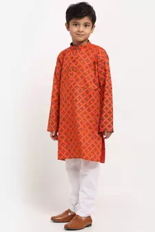 Boys Orange Printed Cotton Kurta