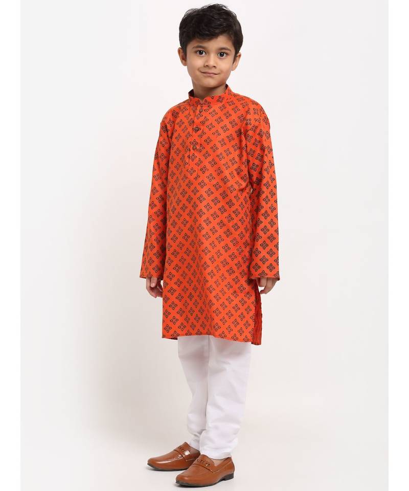 Boys Orange Printed Cotton Kurta