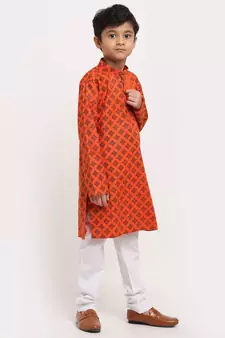 Boys Orange Printed Cotton Kurta