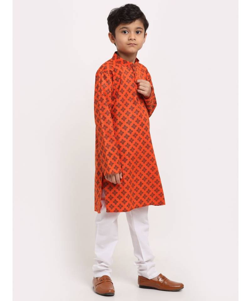 Boys Orange Printed Cotton Kurta