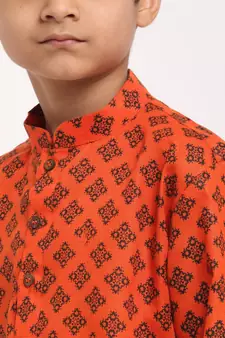 Boys Orange Printed Cotton Kurta