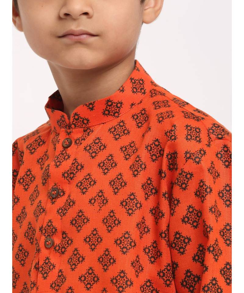 Boys Orange Printed Cotton Kurta