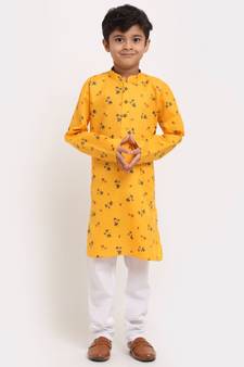 Boys Yellow Printed Cotton Kurta
