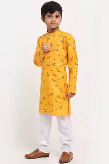 Boys Yellow Printed Cotton Kurta