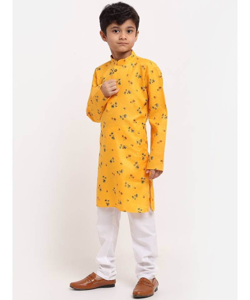 Boys Yellow Printed Cotton Kurta