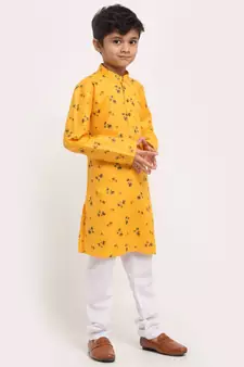 Boys Yellow Printed Cotton Kurta
