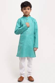 Boys Green Printed Cotton Kurta