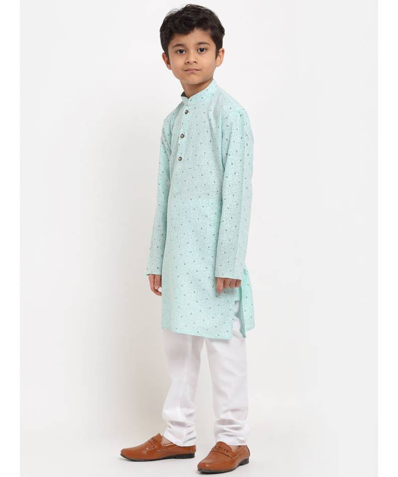Boys Sea Green Printed Cotton Kurta