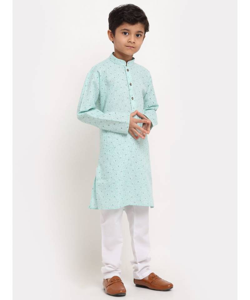 Boys Sea Green Printed Cotton Kurta