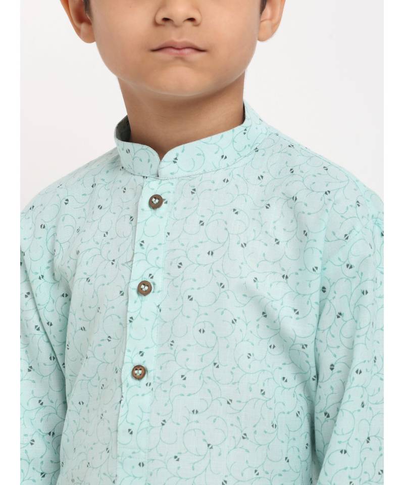 Boys Sea Green Printed Cotton Kurta