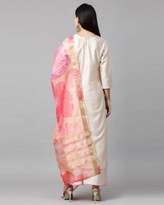 Indo Era Cream Embroidered Straight Kurta Palazzo with Dupatta Set 2