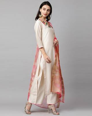 Indo Era Cream Embroidered Straight Kurta Palazzo with Dupatta Set 3