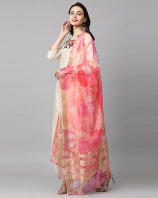 Indo Era Cream Embroidered Straight Kurta Palazzo with Dupatta Set 4