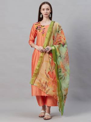 Indo Era Orange Embroidered Straight Kurta Palazzo with Dupatta Set 1