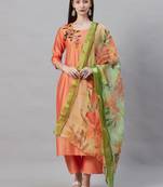 Indo Era Orange Embroidered Straight Kurta Palazzo with Dupatta Set