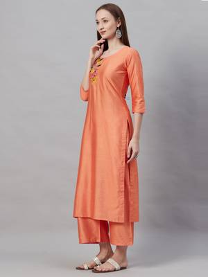Indo Era Orange Embroidered Straight Kurta Palazzo with Dupatta Set 3
