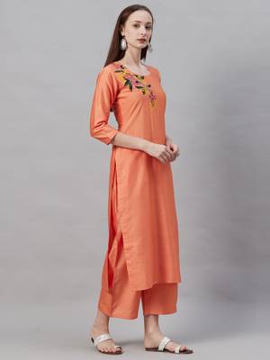 Indo Era Orange Embroidered Straight Kurta Palazzo with Dupatta Set 4